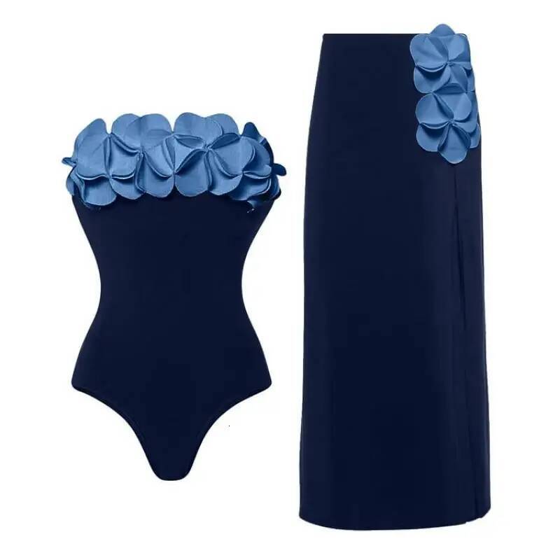 Summer One Piece Swimsuit and Skirt Flaxmaker 2025 Sexy Off The Shoulder Bandeau 3D Flower Elegant Swimwear Sets