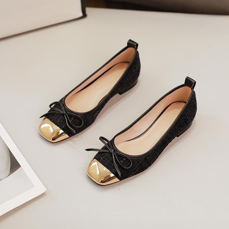Luxury Sandals 2026 elegant Women's Tweed Ballet Flats Square Metal Cap Toe Bow Detail Casual Dress Shoes Free Shipping