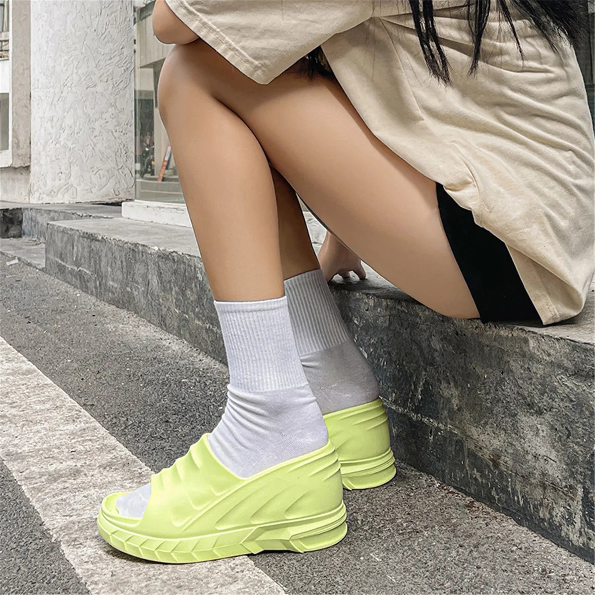 Women Fashion Summer 8 cm Chunky Sole Wedges Heels Flip Flops Casual Shoes Waterproof Taiwan Slippers Sexy Lady Sandals 260113