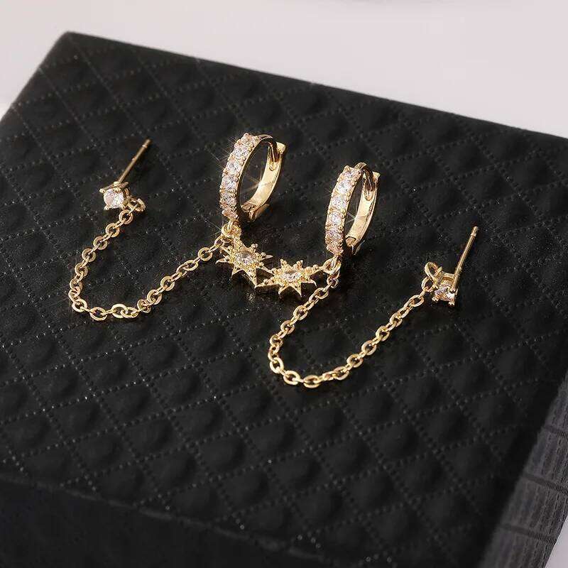 Bohemian Style Chain for Women Double Pierced Dangle Earrings with Zirconia Studs Retro Fashion All-Season Gift