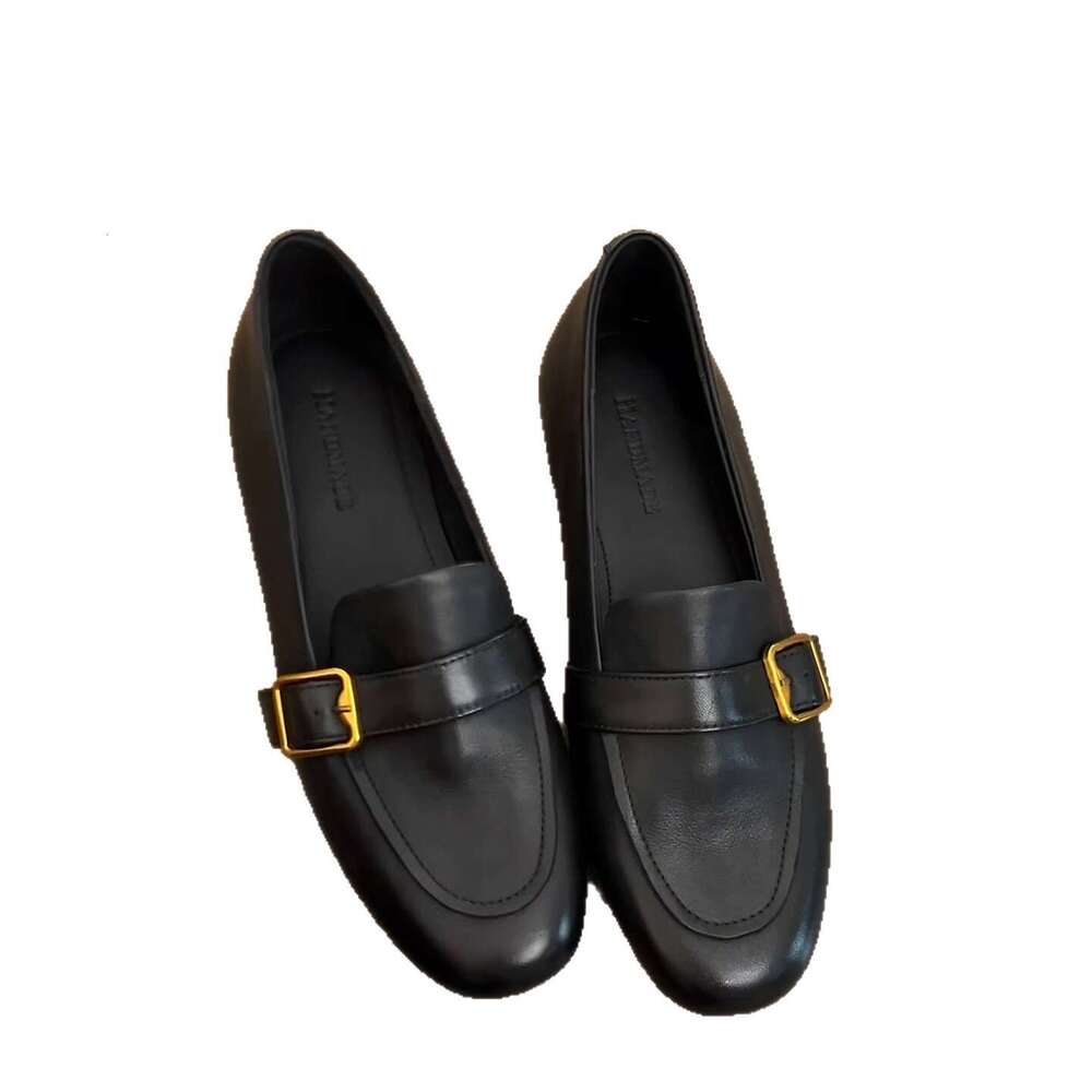 Hot Selling Belt Buckle Slip-On Loafers for Women, Black Leather Shoes, British Style, Ultra Soft Flat Shoes