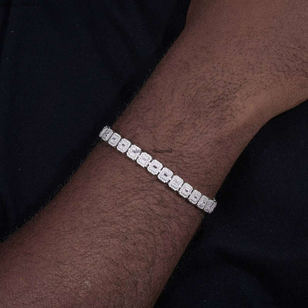 Hip-Hop Jewelry 7.5mm White Gold Sier Cluster VVS Baguette Moissanite Ice Tennis Bracelet for Men and Women