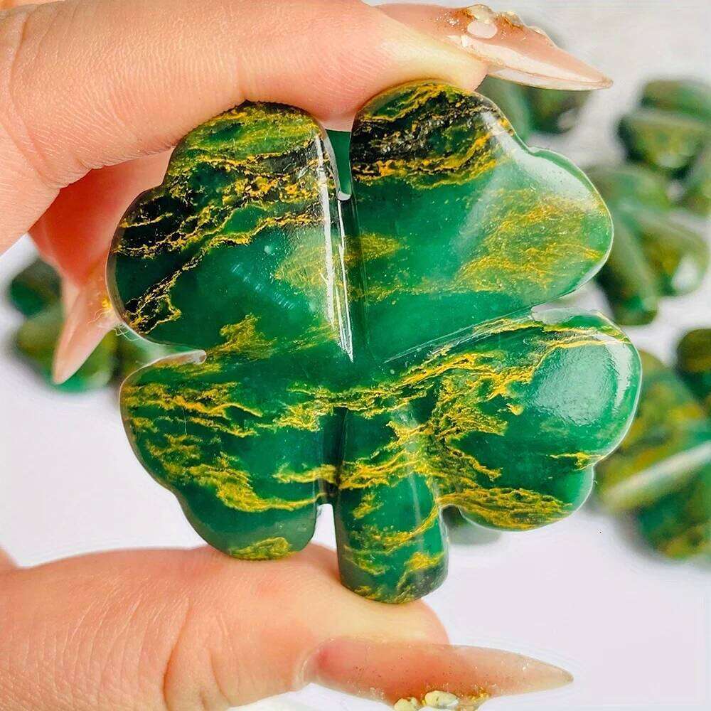 1pc Natural PeaRooster Crystal Stone Four Leaf Clover Marbled Green Yellow Loose Gemstone for DIY Jewelry Making Home Decor