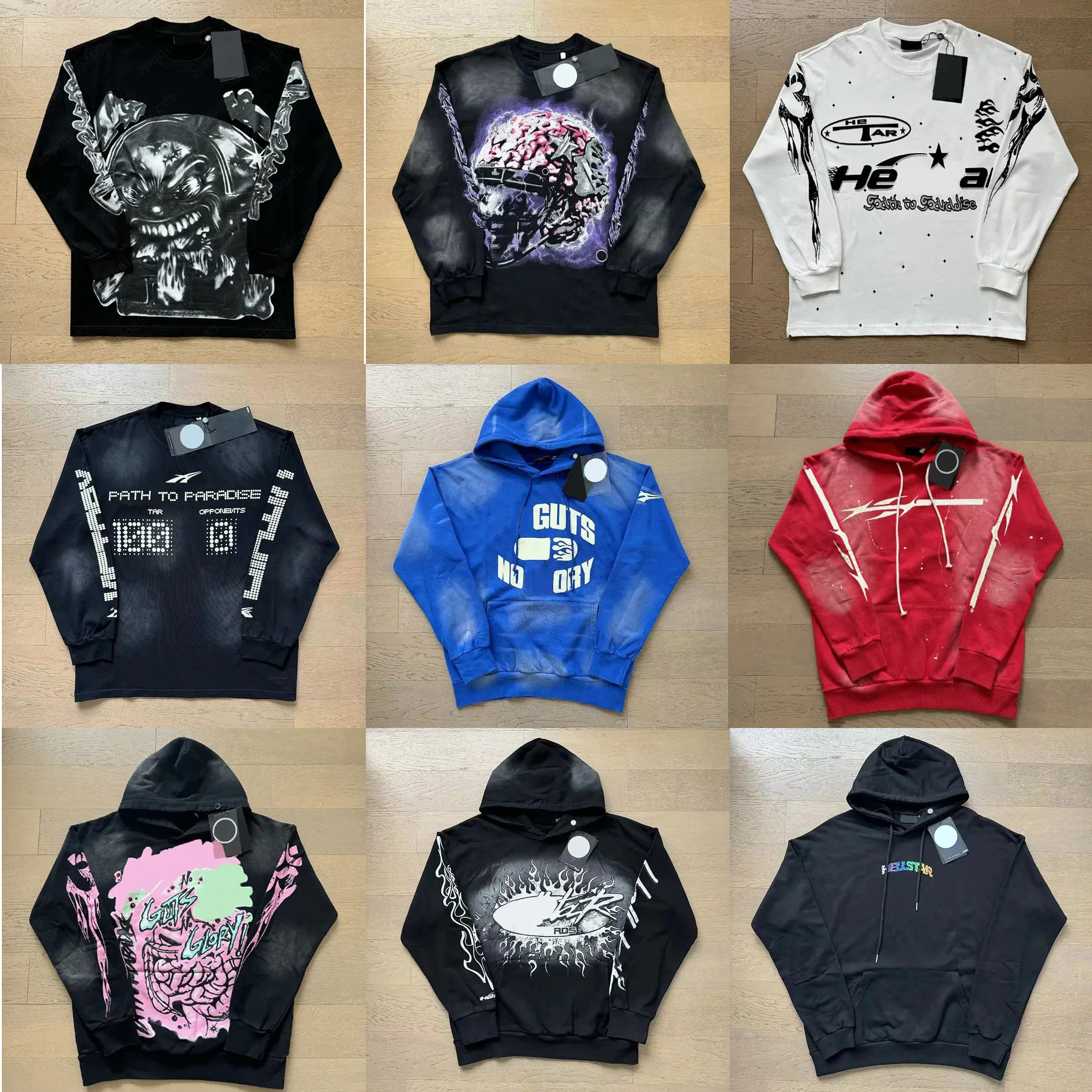 Men's Hoodies Helles Stars Designer Hoody Sweatshirt T Shirt Y2k Letter Clothes Hip Hop HS Wash Water Heavy Diamond Set Casual Hoodie Top Quality Fast Ship