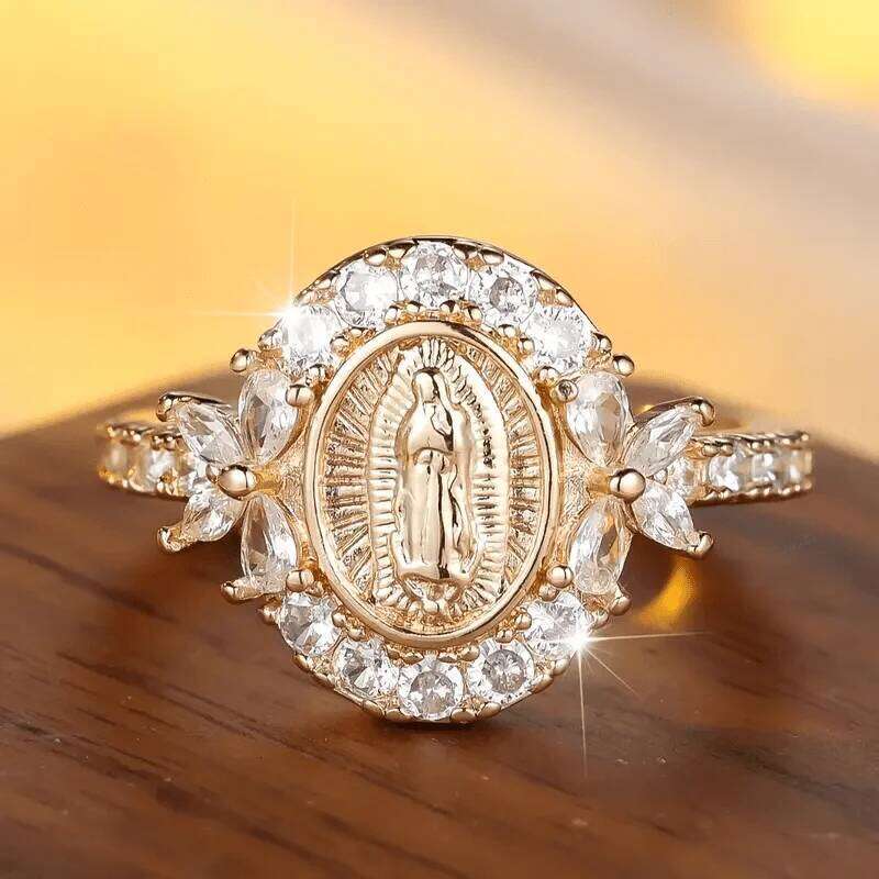 Elegant Gold Color Virgin Mary Ring with Synthetic Zirconia - Perfect for Casual Attire & Special Occasions