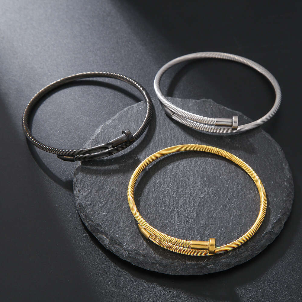 Men Women Gold Bangle Bracelet Unisex Titanium Steel Stainless Wire Rope Adjustable Open Cuff Bangle Personality Jewelry for Party Dating Daily Wear