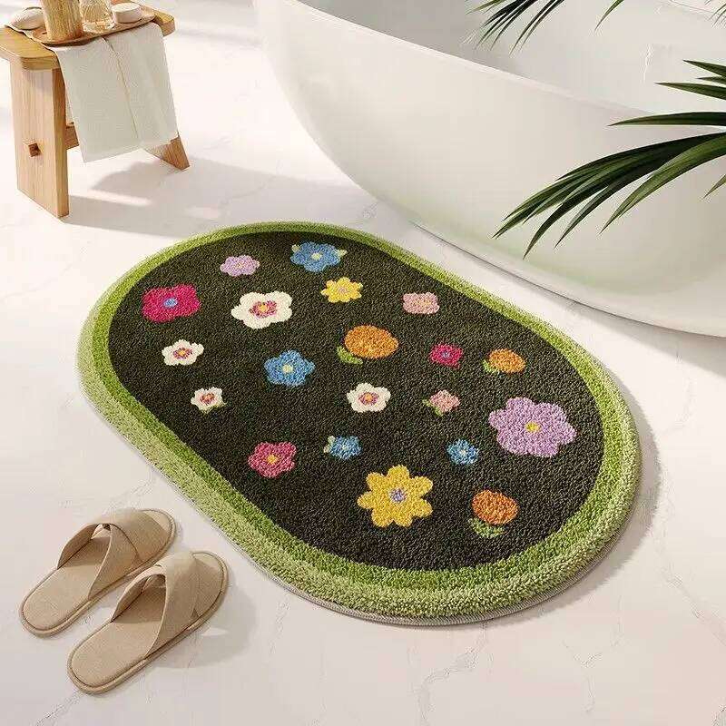 Small fresh flower bathroom floor mat, bedroom insulation and anti slip floor mat, anti fouling and easy to maintain, imitation cashmere floor mat