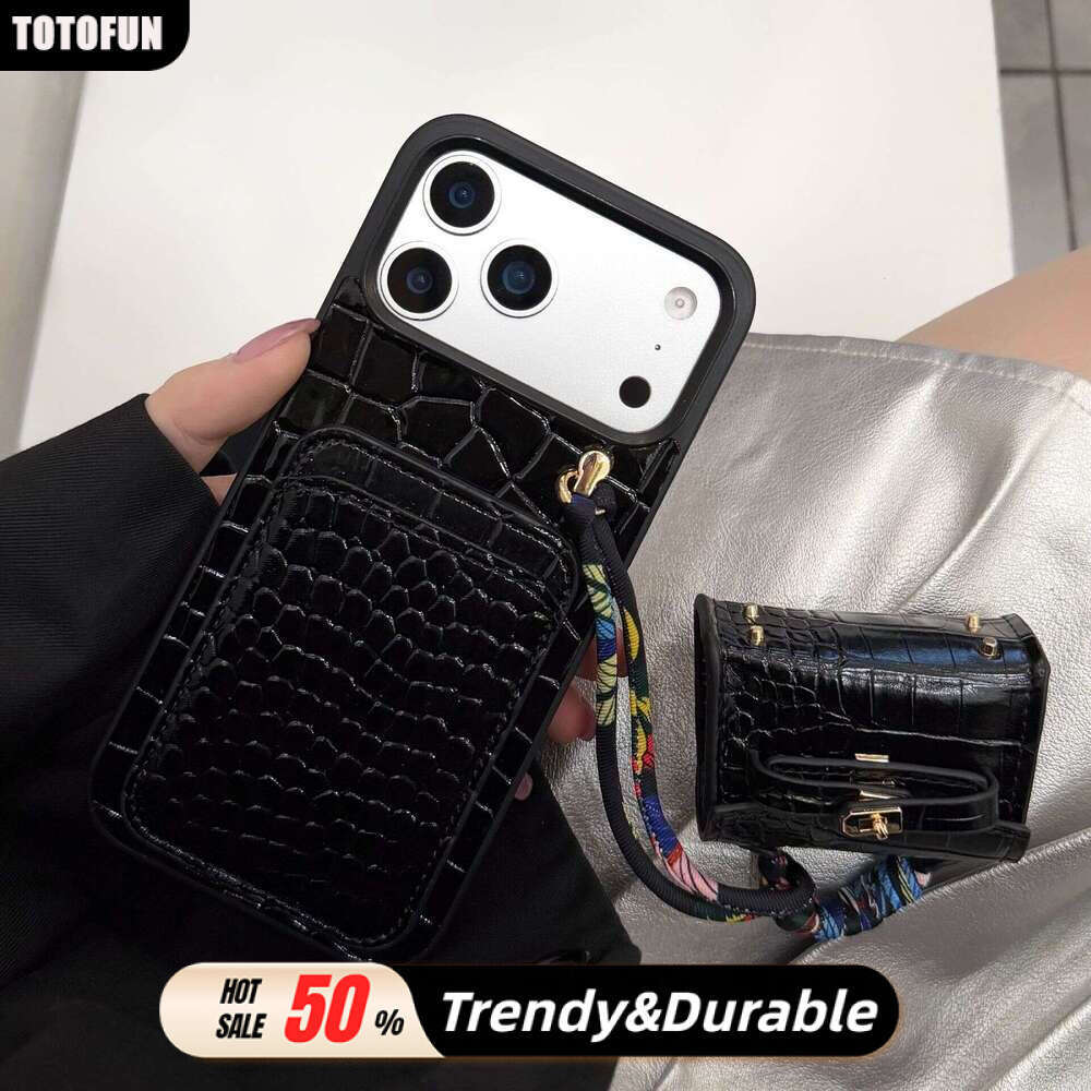 Chic Crocodile Print iPhone Case Set - Card Slot & Matching Earphone Pouch, Stylish Cover for iPhone 17/15 Pro/12 Women