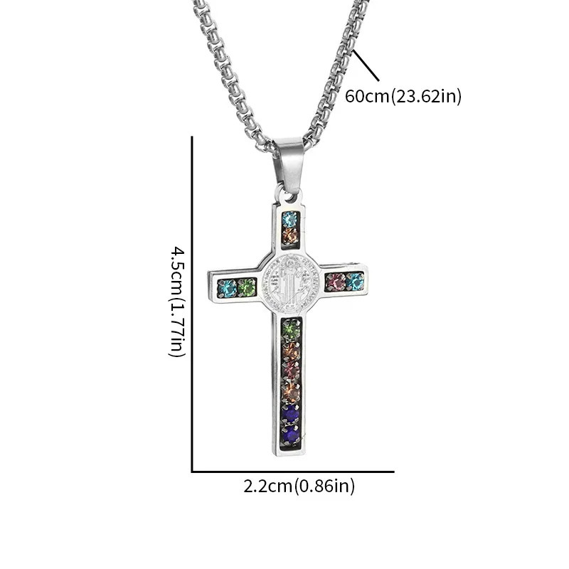 Saint Benedict Jesus Cross Stainless Steel Necklace Catholic Crucifix Male Colored Zircon Necklaces Jewelry San Benito 260113