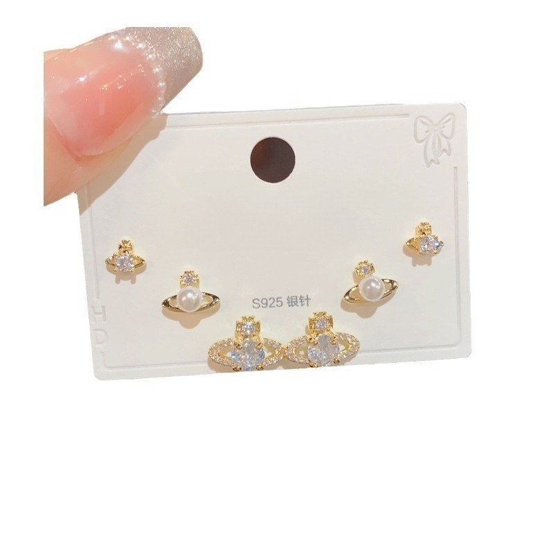 Dainty Saturn Pearl Stud Earrings Set with Micro Paved Cubic Zirconia S925 Silver Needle Fashion Versatile Jewelry for Women