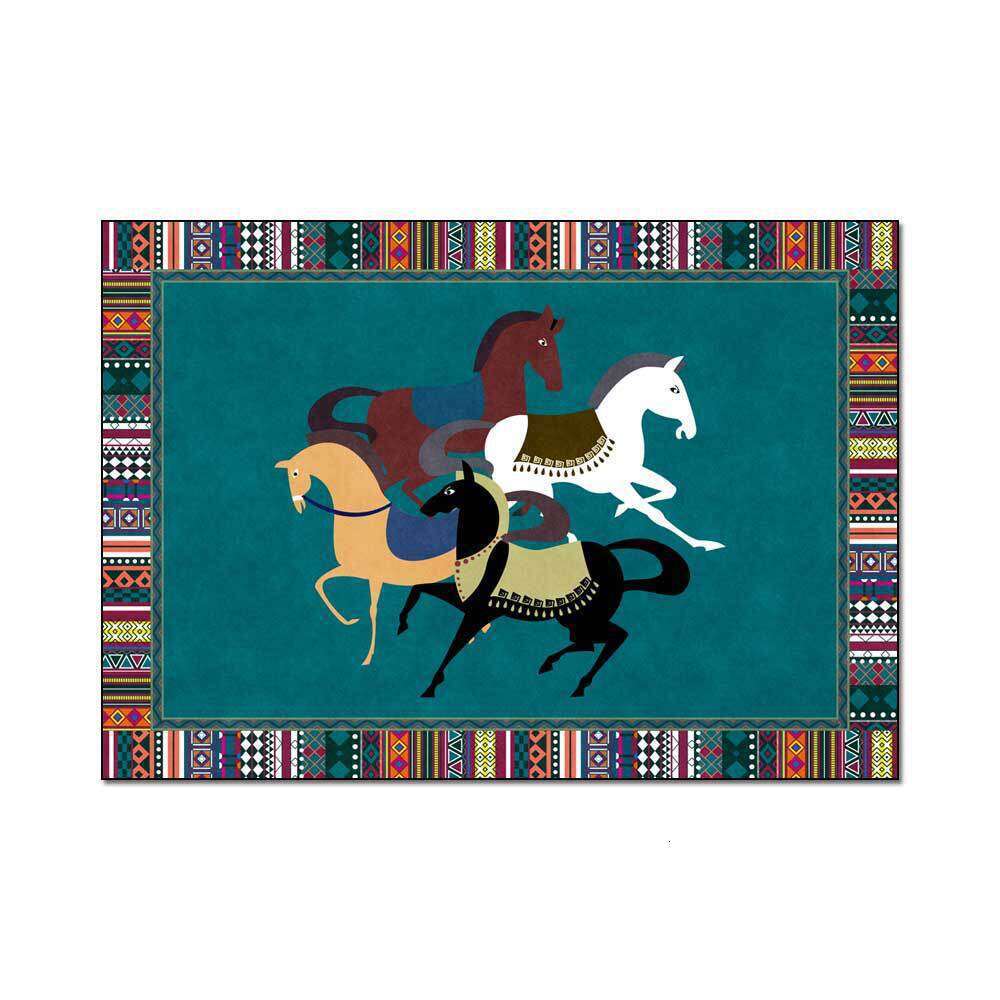 Carpet Fashion Ethnic Style Border Horse Pattern Black Green Orange Yellow For Kitchen Living Room Bedroom Bedside Floor Mat