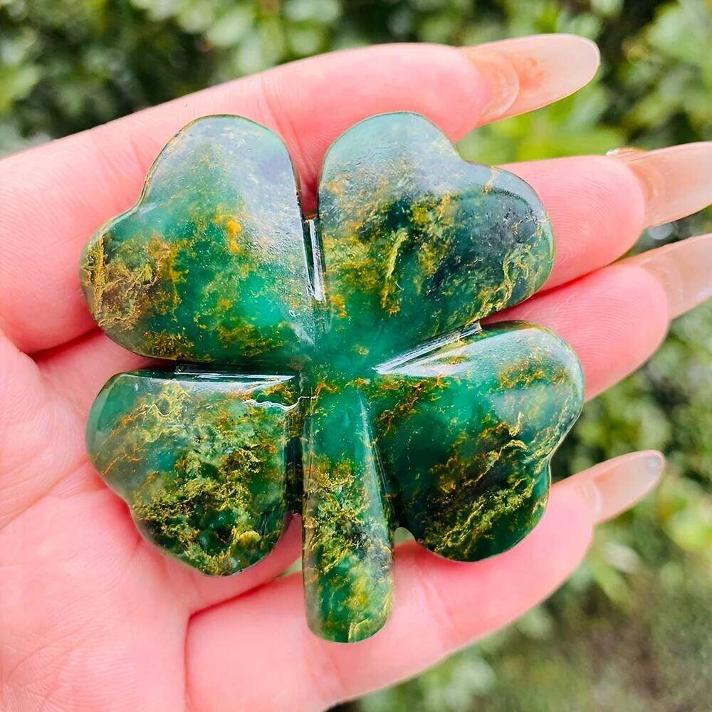 1pc Natural PeaRooster Crystal Stone Four Leaf Clover Marbled Green Yellow Loose Gemstone for DIY Jewelry Making Home Decor