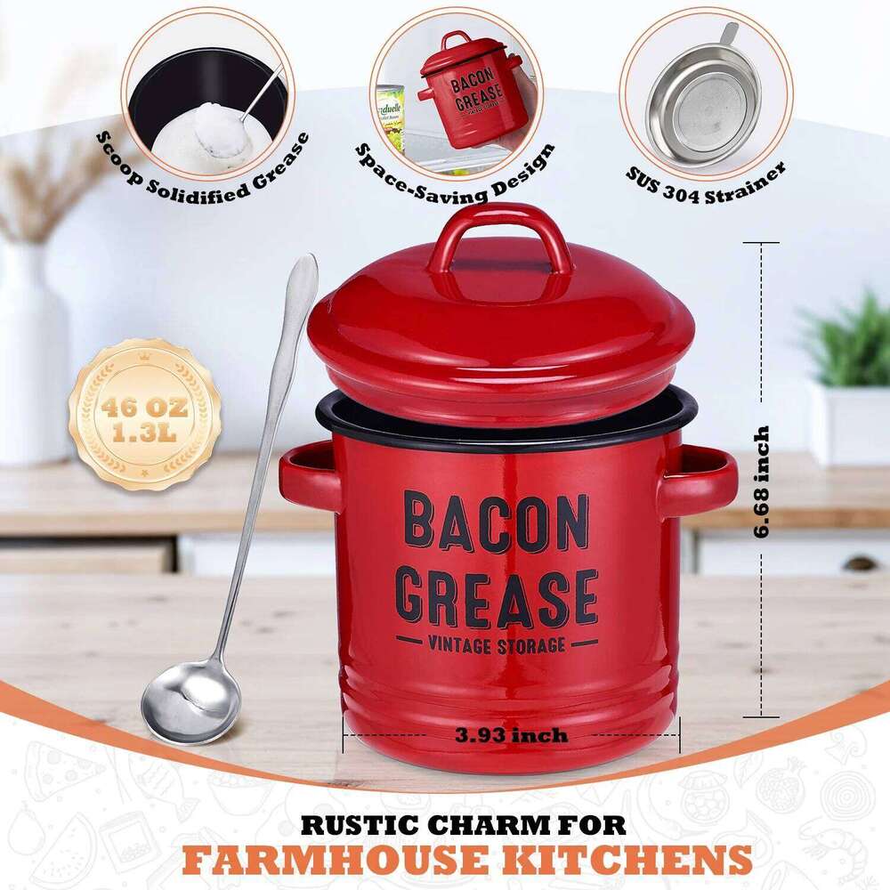 Kitchen Storage Oil Container Strainer Large Grease Can with Lid Food Grade Kitchenware Storage Tank Durable Farmhouse Bacon Drippings Pot Red Storage