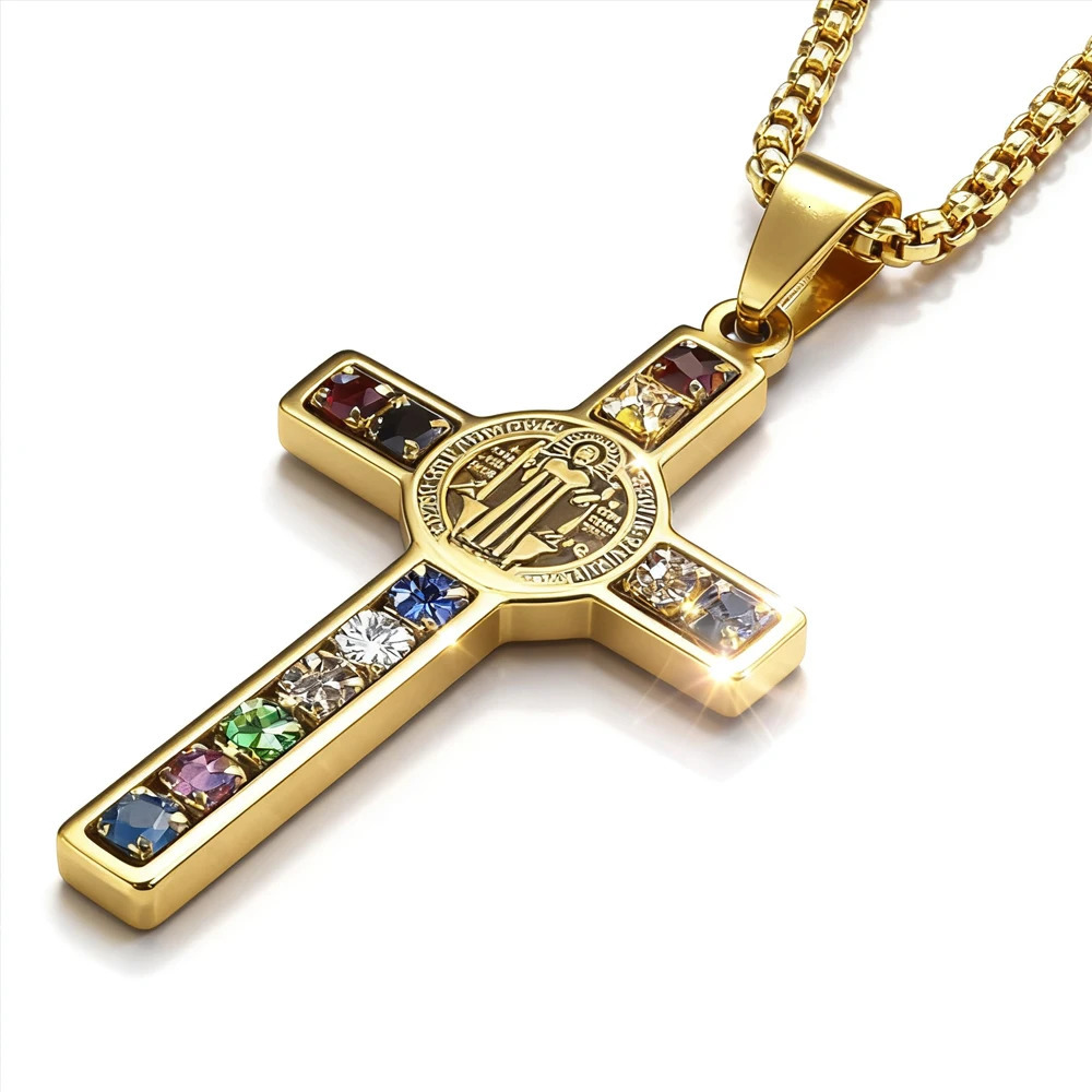 Saint Benedict Jesus Cross Stainless Steel Necklace Catholic Crucifix Male Colored Zircon Necklaces Jewelry San Benito 260113