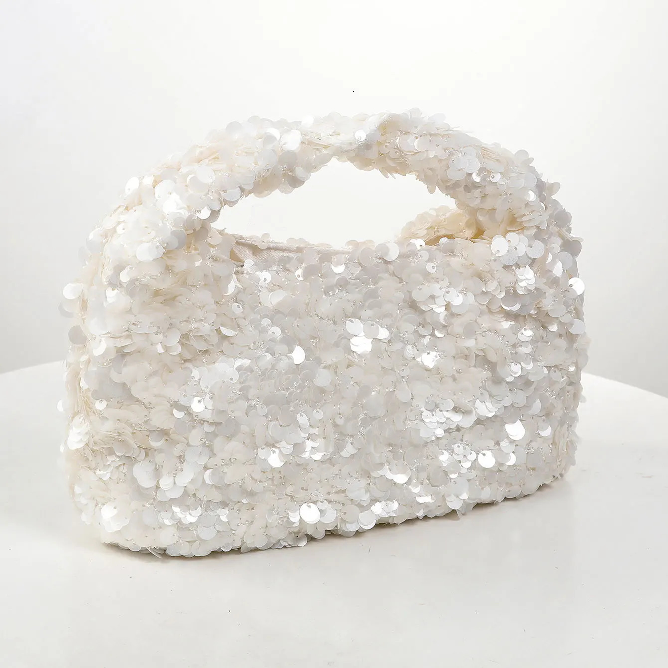 Women White Sequins Hobo Handbag Shiny Bucket Bag Elegant Evening Clutch Bag for Wedding Party Exquisite Small Tote Female Purse 260112