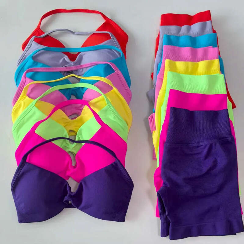 solid 2Pcs yoga set women Workout Shorts Sets Strappy Halter Backless sneaker Bra Seamless tops Scrunch Shorts Fitness Clothes Gym Suit
