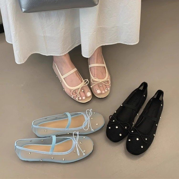 Free Shipping 2026 Crystal Embellished Ballet Flats, Mesh Mary Jane Shoes with Bow, Breathable Round Toe Casual Pumps