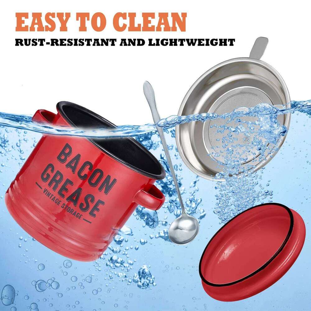 Kitchen Storage Oil Container Strainer Large Grease Can with Lid Food Grade Kitchenware Storage Tank Durable Farmhouse Bacon Drippings Pot Red Storage