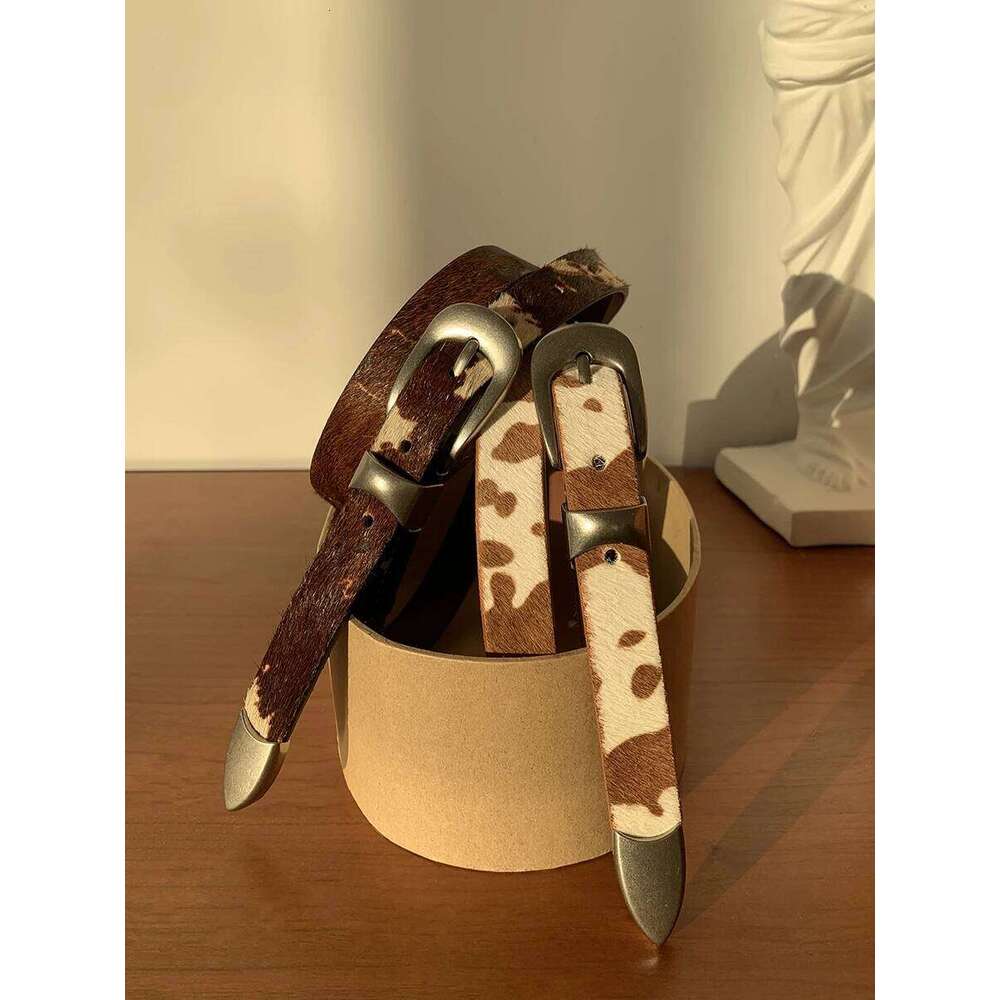 Women Men Handmade Cow Print Buckle Belt 2cm 26Y0117