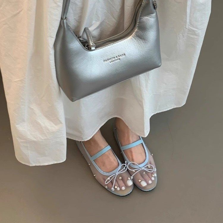 Free Shipping 2026 Crystal Embellished Ballet Flats, Mesh Mary Jane Shoes with Bow, Breathable Round Toe Casual Pumps