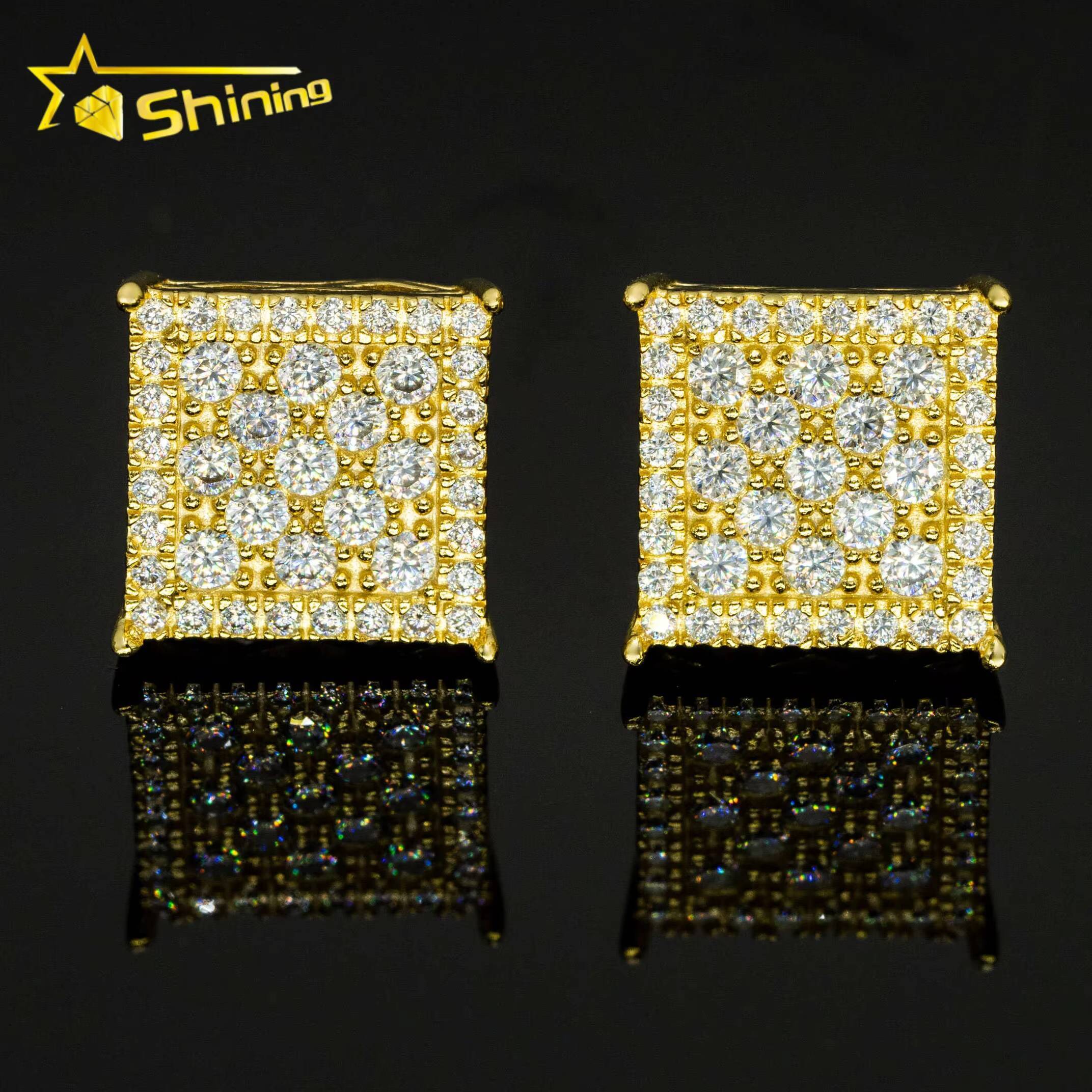 Drop Shipping Square Shape Moissanite Diamond Earrings Fashion Hip Hop Jewelry 925 Sterling Silver Stud Earrings Screw Back