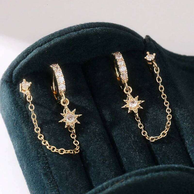 Bohemian Style Chain for Women Double Pierced Dangle Earrings with Zirconia Studs Retro Fashion All-Season Gift