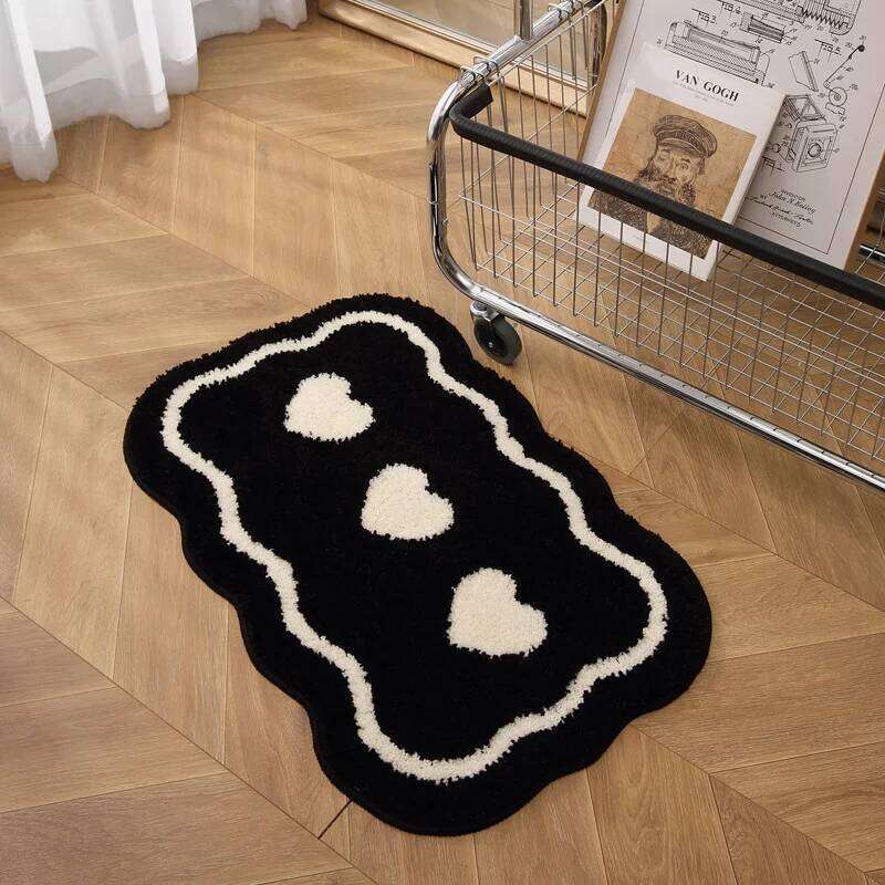 Mat Thickened Black White Heart Pattern Water Absorbing Non Slip Floor Mat For Washroom Bathroom Toilet Restroom Entrance