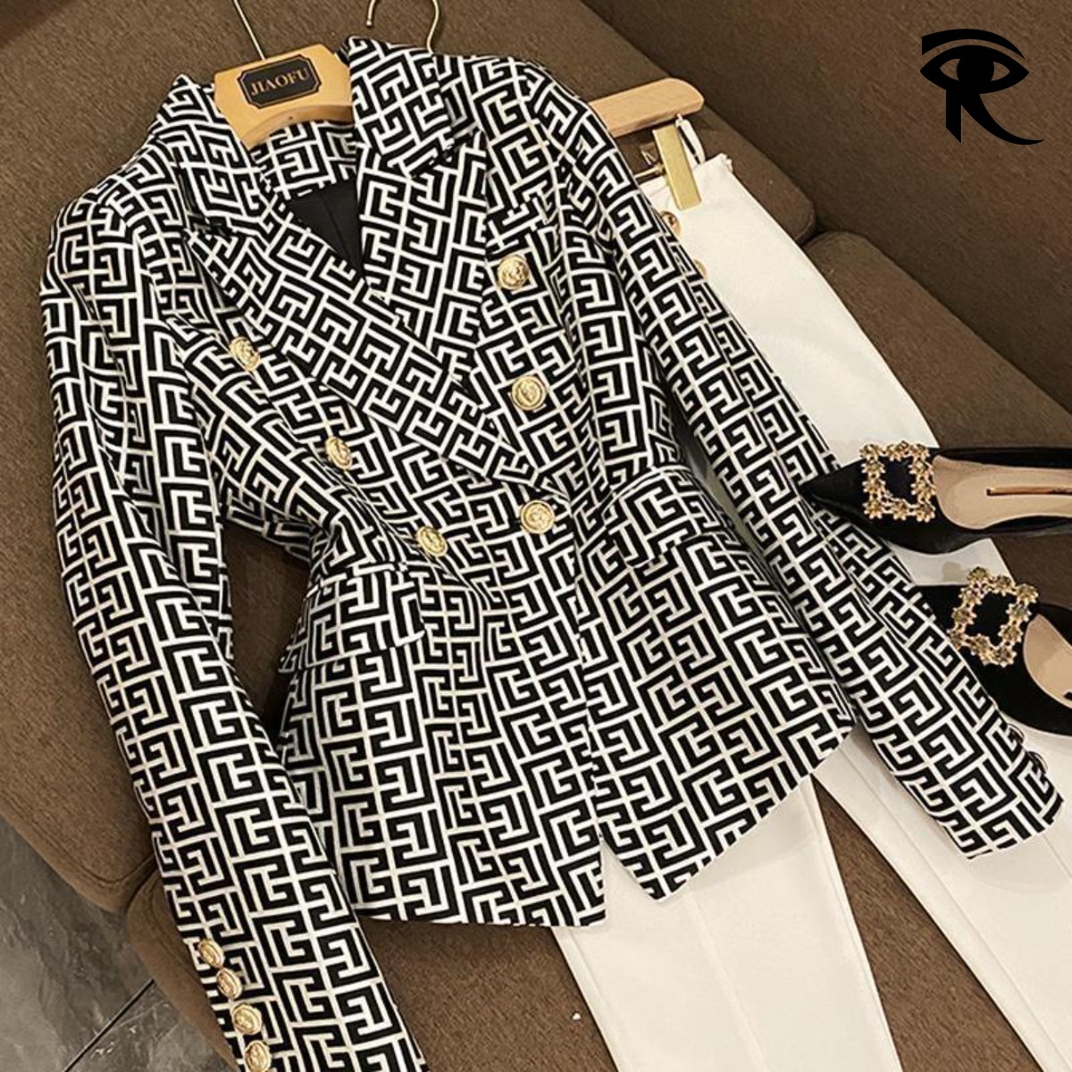 2025 New European and American Star Fashion Double Breasted Pink Geometric Jacquard Slim Black Suit Jacket Small Suit Original Clothing Designer Tops 