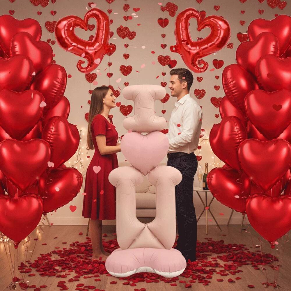 Romantic Valentines Day Decorations Heart Globos Giant Rose I LOVE YOU Foil Balloon Fake Petals For Proposal Wedding Anniversary
