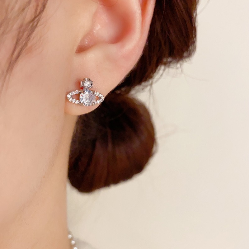 Dainty Saturn Pearl Stud Earrings Set with Micro Paved Cubic Zirconia S925 Silver Needle Fashion Versatile Jewelry for Women