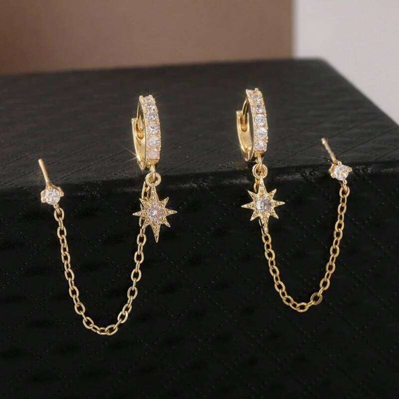 Bohemian Style Chain for Women Double Pierced Dangle Earrings with Zirconia Studs Retro Fashion All-Season Gift