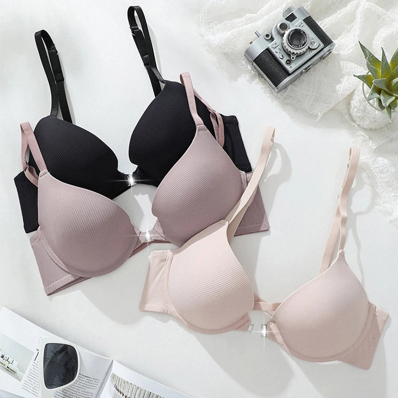 Sexy Women Push Up Gathered Bras Deep V Wire Free Ladies Brassiere Lingerie Wireless Thin Cup Front Closure Bralette Underwear 260112