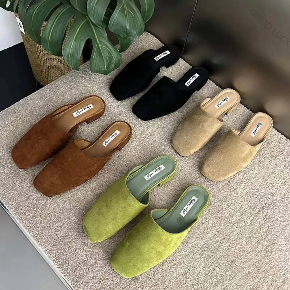 2025 New Summer Suede Low Heels Women Square Toe Leather Casual Female Daily Walk Slippers Mules Sandals ddmythur