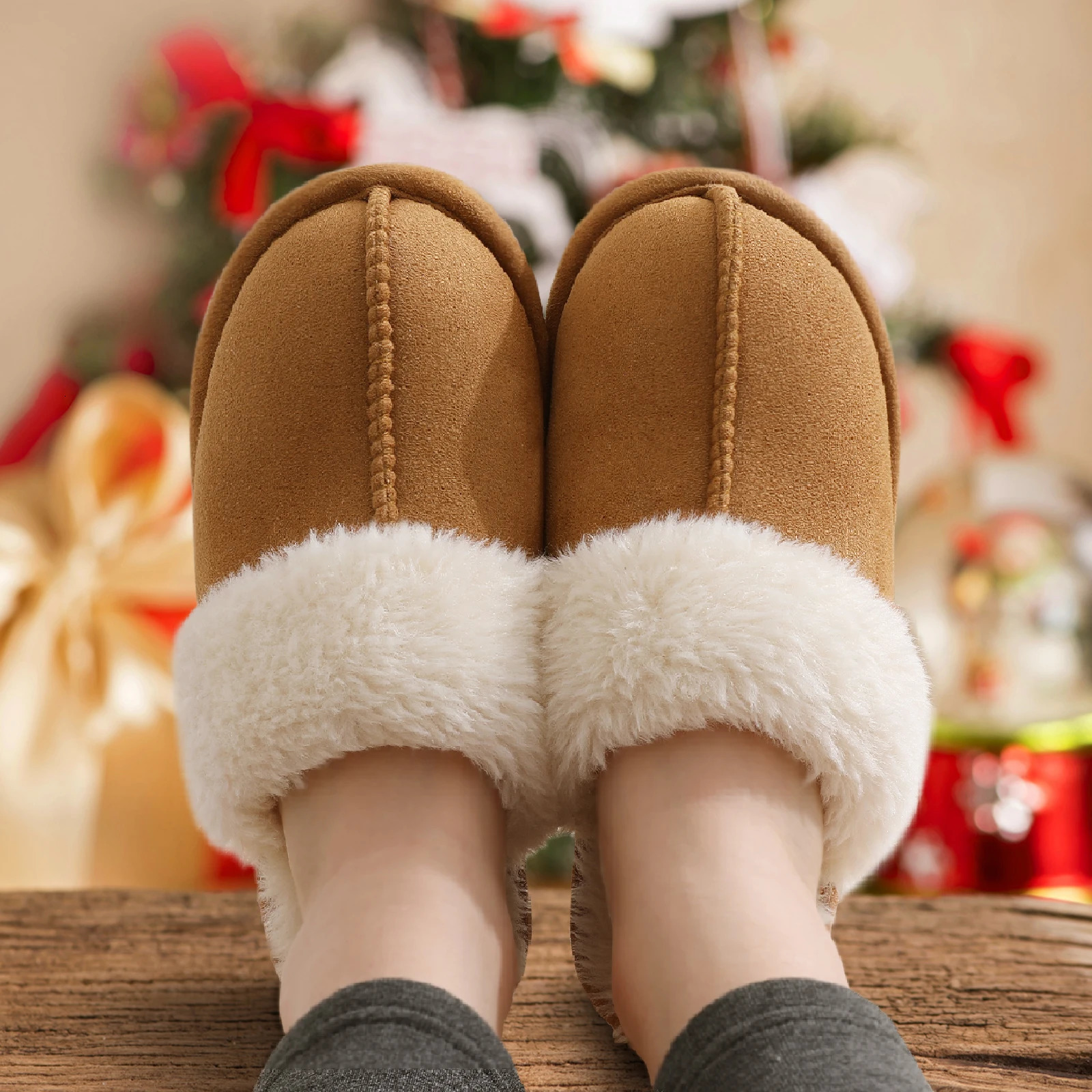 Shevalues Winter Fur Slippers For Women Fluffy Fuzzy House Slippers Memory Foam Plush Slippers Indoor Non-slip Cotton Slippers 260113