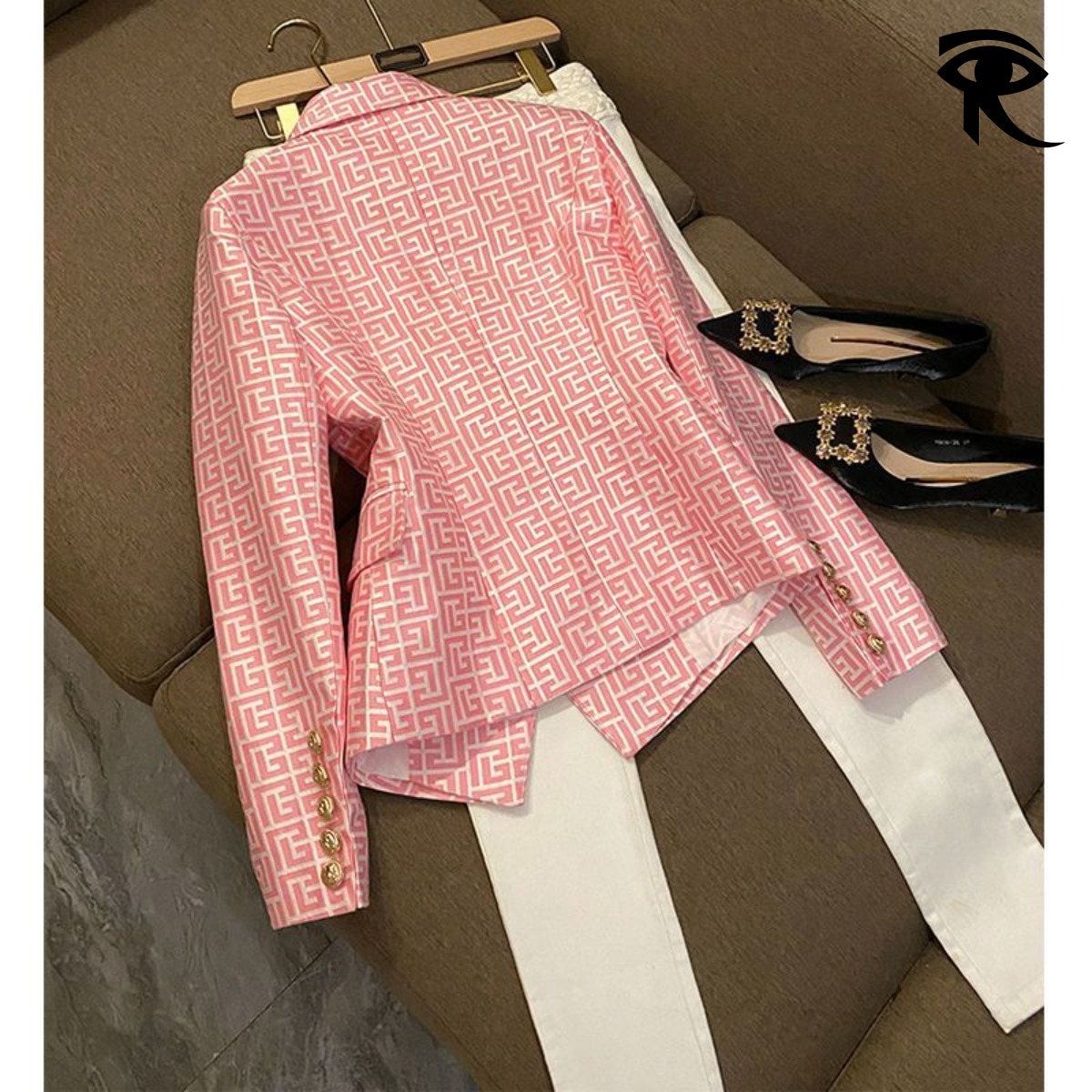 2025 New European and American Star Fashion Double Breasted Pink Geometric Jacquard Slim Black Suit Jacket Small Suit Original Clothing Designer Tops 