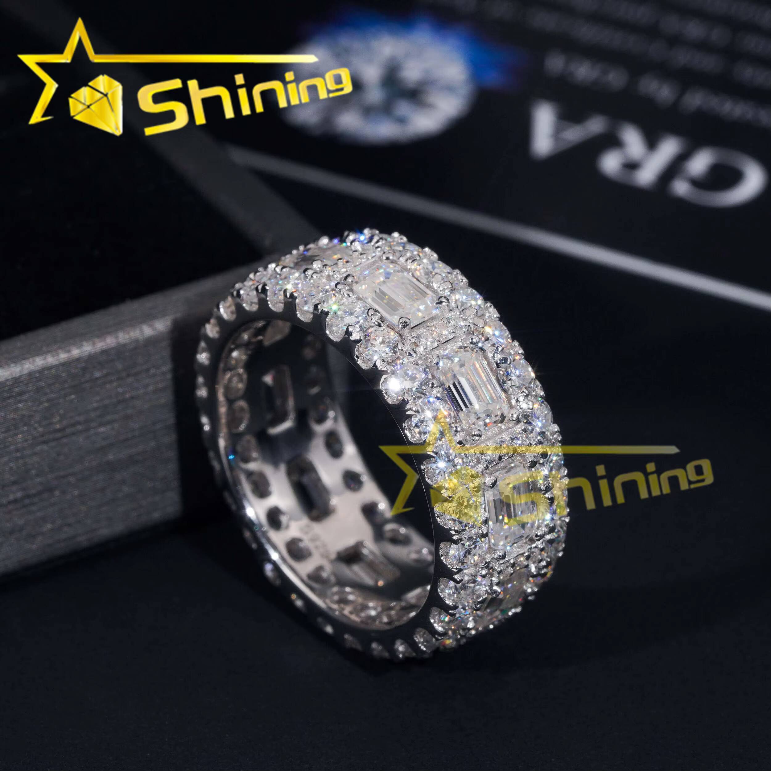 Luxury Emerald Cut Moissanite Iced Out Mens Ring 925 Silver Gold Plated Hip Hop Fine Jewelry Men Ring