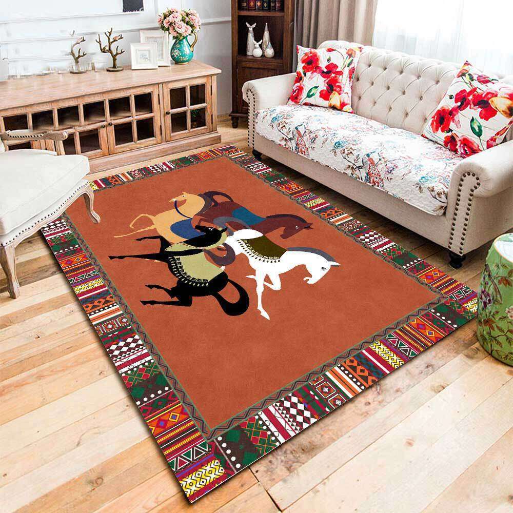 Carpet Fashion Ethnic Style Border Horse Pattern Black Green Orange Yellow For Kitchen Living Room Bedroom Bedside Floor Mat