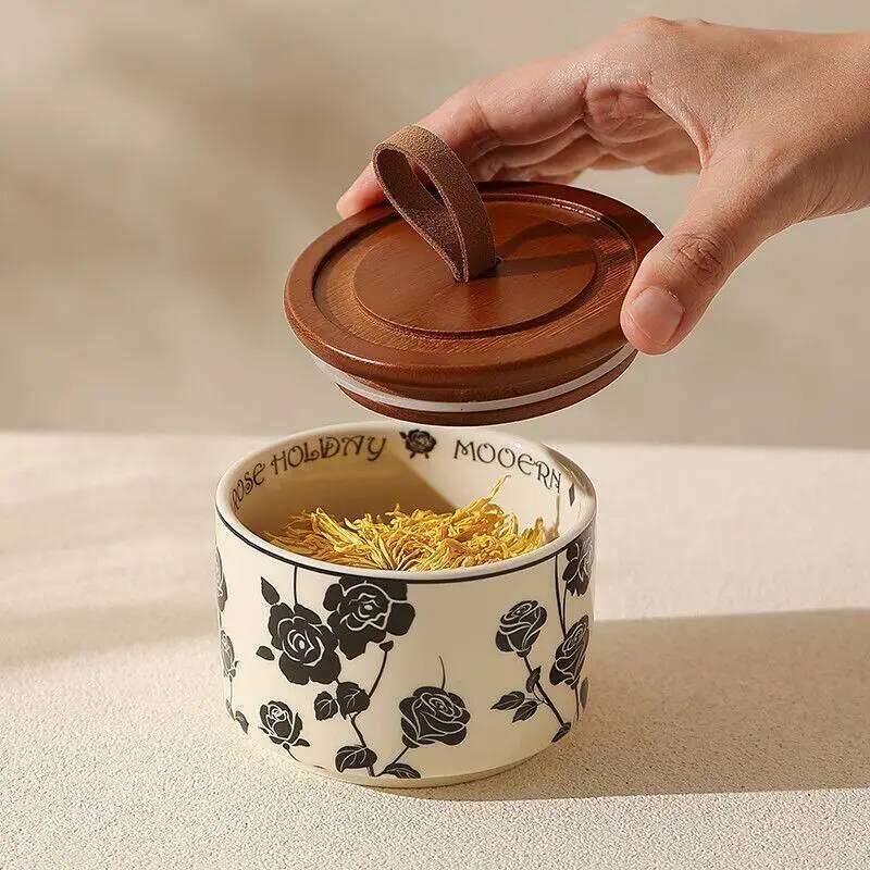 Ceramic Storage Jar Black Rose Pantry Decor Kitchen Storage Airtight Food-Grade Container for Coffee Beans Tea Sugar Kitchenware Sealed Storage Bottle