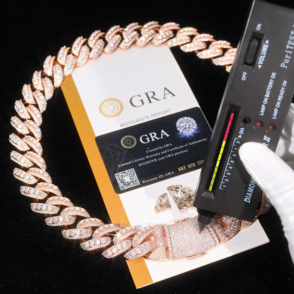 22mm Curved Flip Clasp with Raised Pointer Cuban Chain Brass Moissanite Rose Gold Plated Ice Crystal Necklace Hip Hop Jewelry