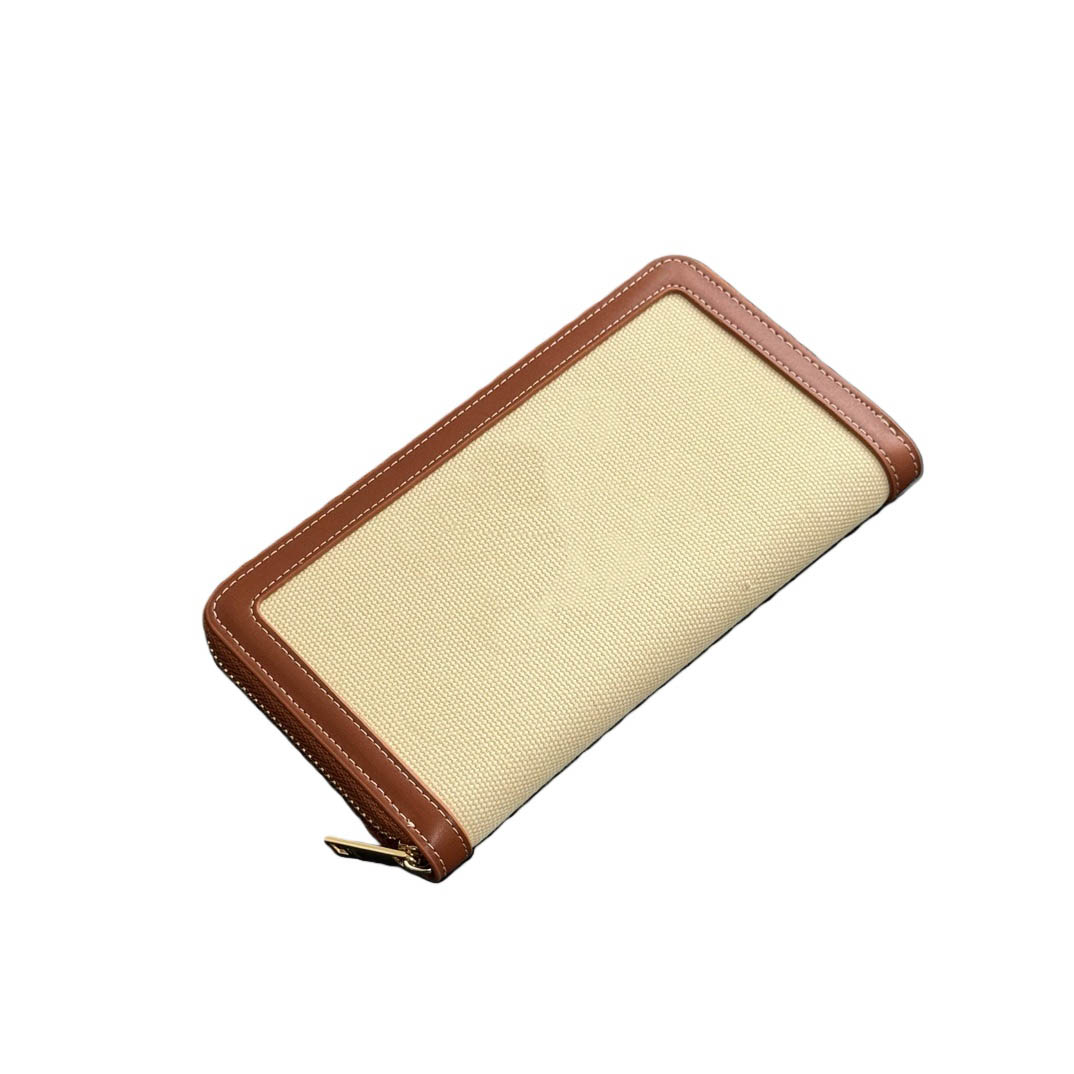 Designer bag, two divider panels; twelve credit card slots; one zippered pocket; two flat pockets. Color: white; black; brown