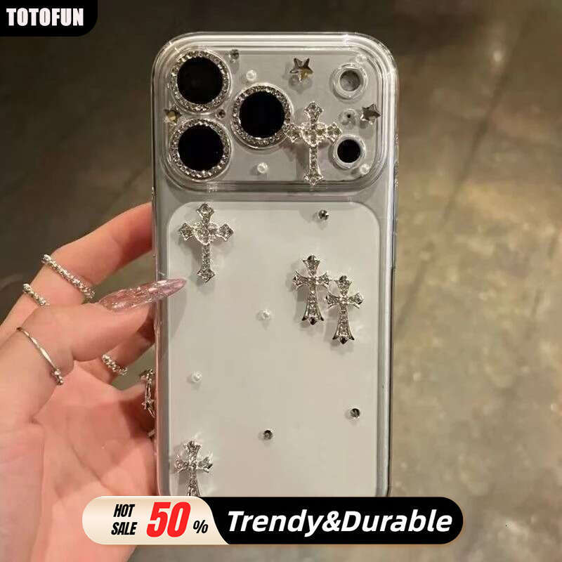 Transparent Cross Rhinestone iPhone Case - Slim Shockproof Protective Cover for iPhone 17 Pro Max/16/15/14, Trendy Unisex Design