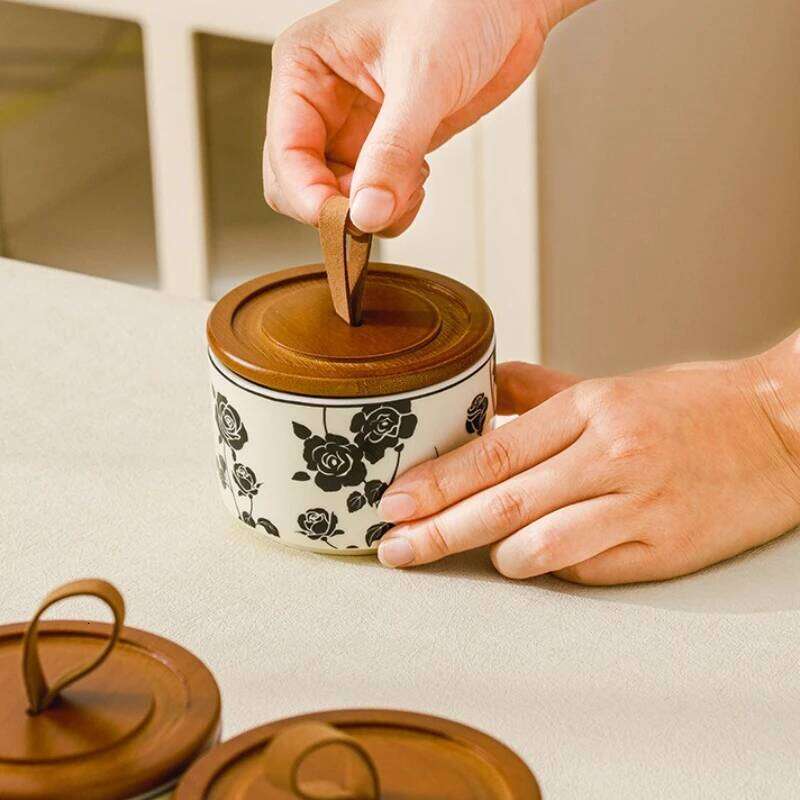 Ceramic Storage Jar Black Rose Pantry Decor Kitchen Storage Airtight Food-Grade Container for Coffee Beans Tea Sugar Kitchenware Sealed Storage Bottle