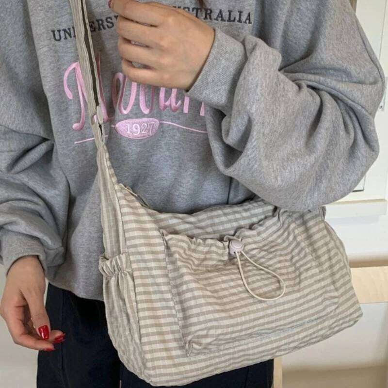 Xijiangren Retro Plaid Pleated Cloud Shoulder Bags For Women Large Capacity Ladies Crossbody Bag Drawstring Multi-Pocket Tote Handbags