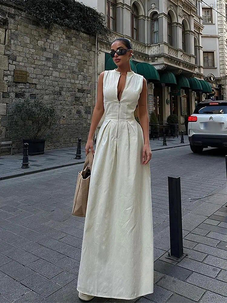 Casual Dresses Women Elegant Solid Half Zipper A-line Fashion Round Collar Sleeveless Pleated Slim Dress Female High Street Robe