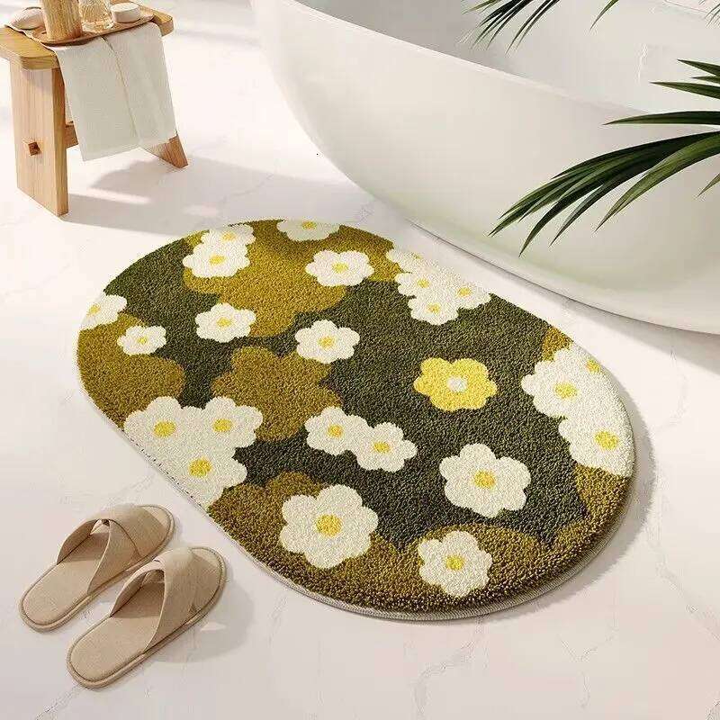 Small fresh flower bathroom floor mat, bedroom insulation and anti slip floor mat, anti fouling and easy to maintain, imitation cashmere floor mat