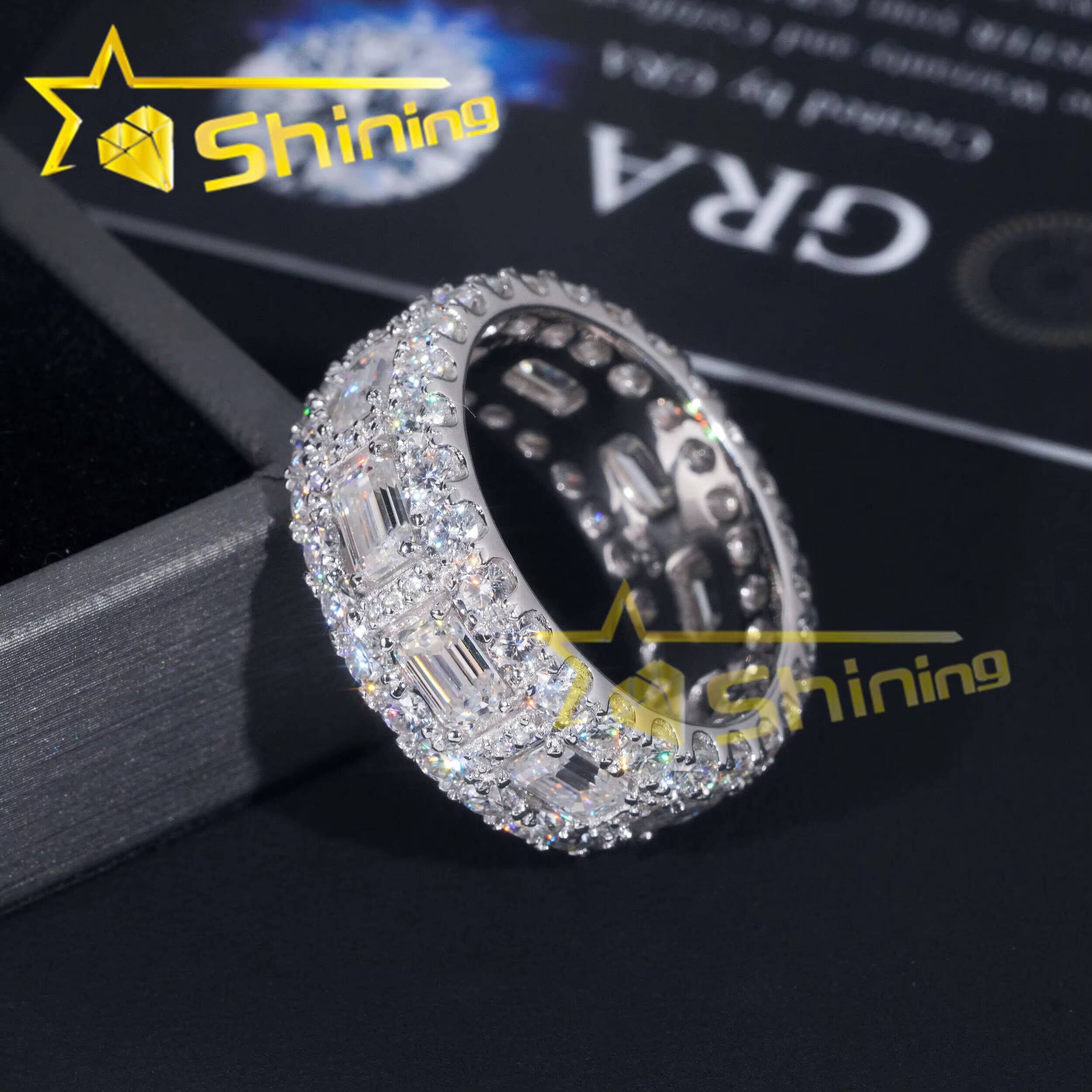 Luxury Emerald Cut Moissanite Iced Out Mens Ring 925 Silver Gold Plated Hip Hop Fine Jewelry Men Ring