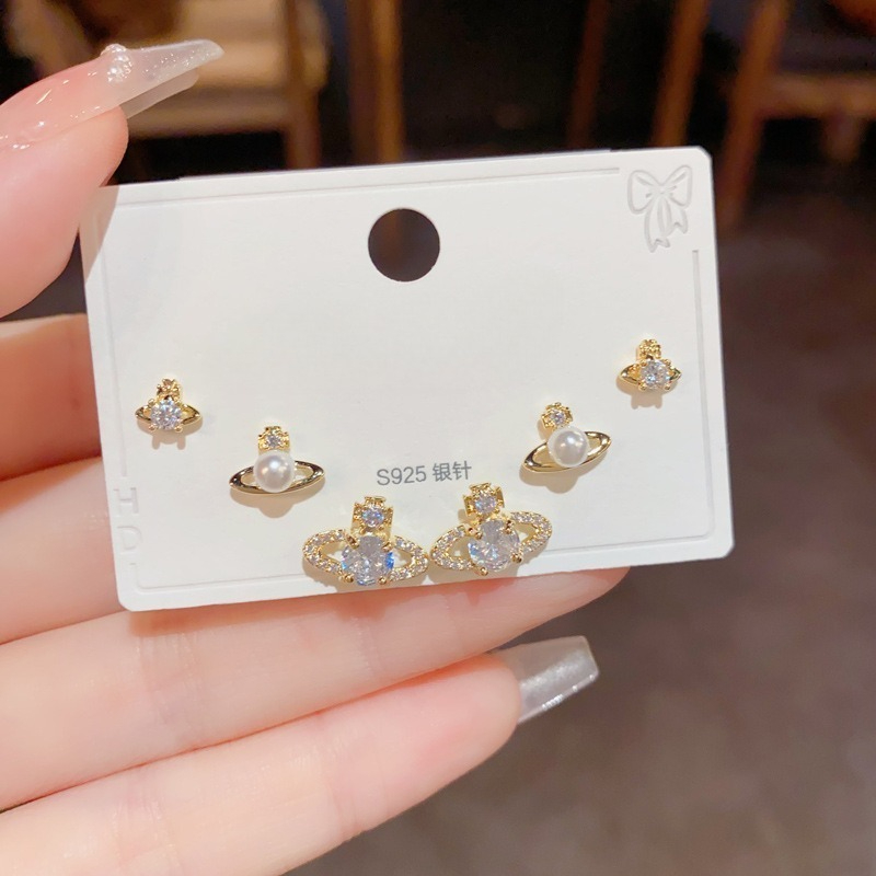 Dainty Saturn Pearl Stud Earrings Set with Micro Paved Cubic Zirconia S925 Silver Needle Fashion Versatile Jewelry for Women