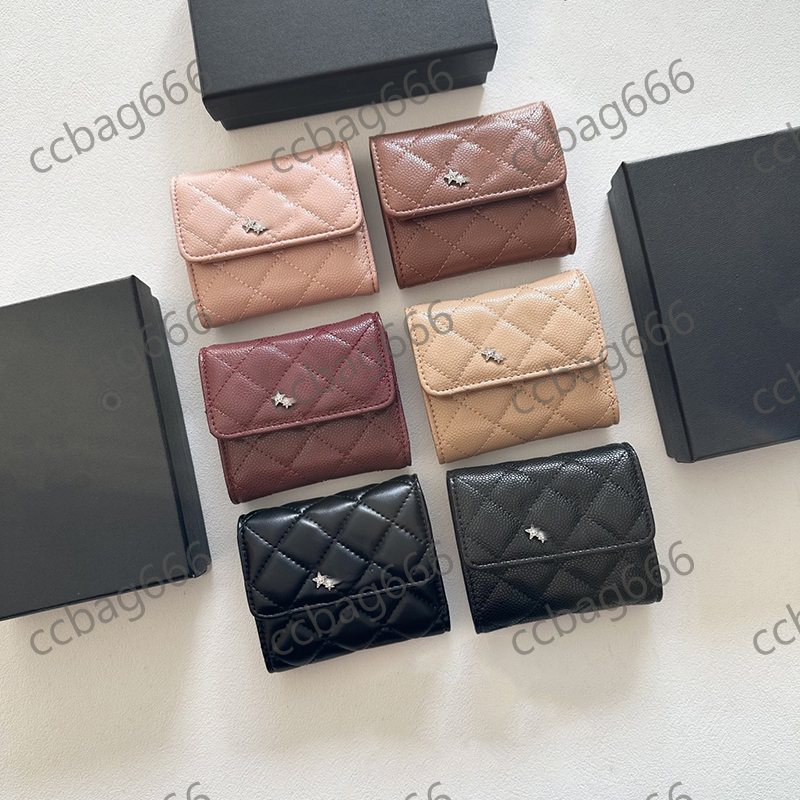 Caviar Leather Lambskin Diamond Star Flap Short Long Wallet Triple Fold Billfold Double Fold Wallet Folding Storage Wallet Diamond Lattice Quilted 11x10cm 19x10cm
