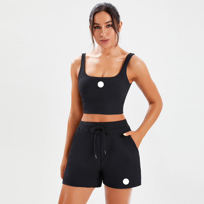 Women Yoga Set Ribbed Cami Top and Shorts 2-Piece Stretchy Casual Workout Set for Summer