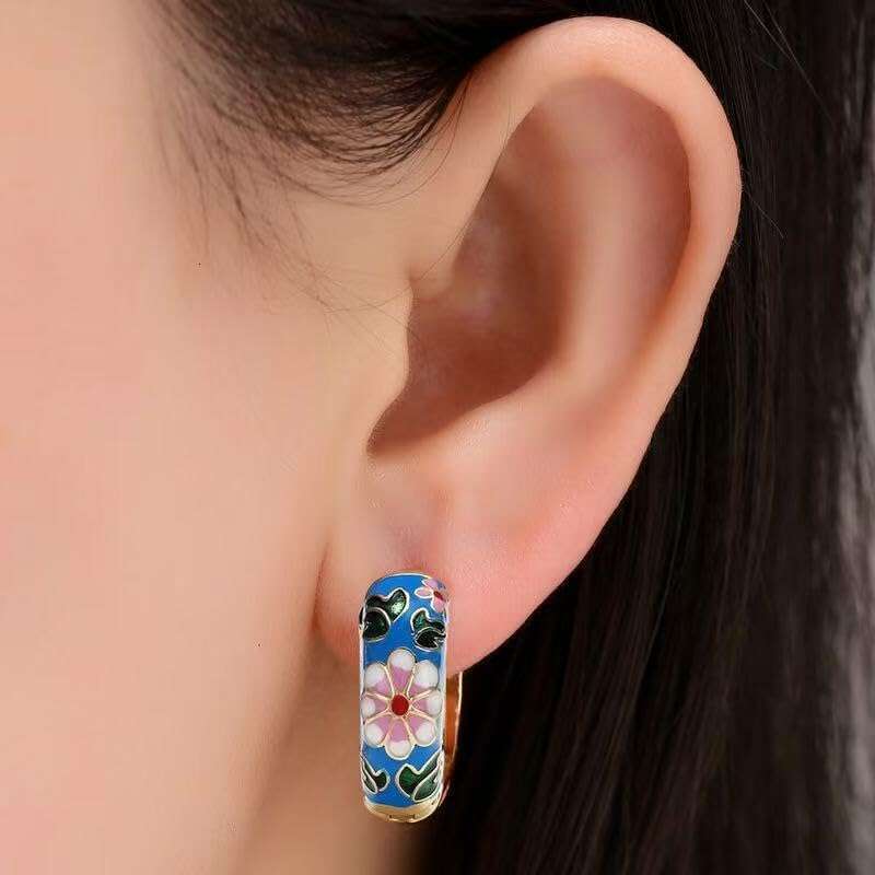 Jewellery Earrings Fine Jewellery Silver Plated Vintage Cloisonne Enamel with Blue Red Black Floral Chinese Style Design for Holiday Party and Special